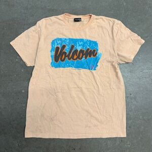 Volcom Mens Graphic T-Shirt Peach Orange Blue Tropical Palm Tree Logo Large